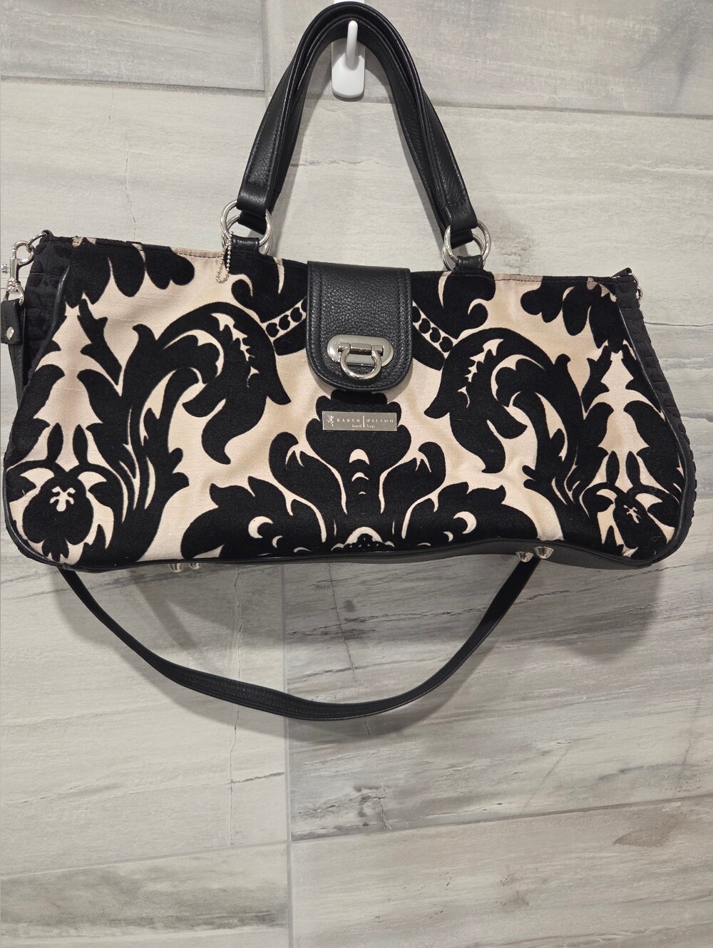 Karen Wilson Canada Black Cream Flocked Damask Leather Shoulder Bag EUC